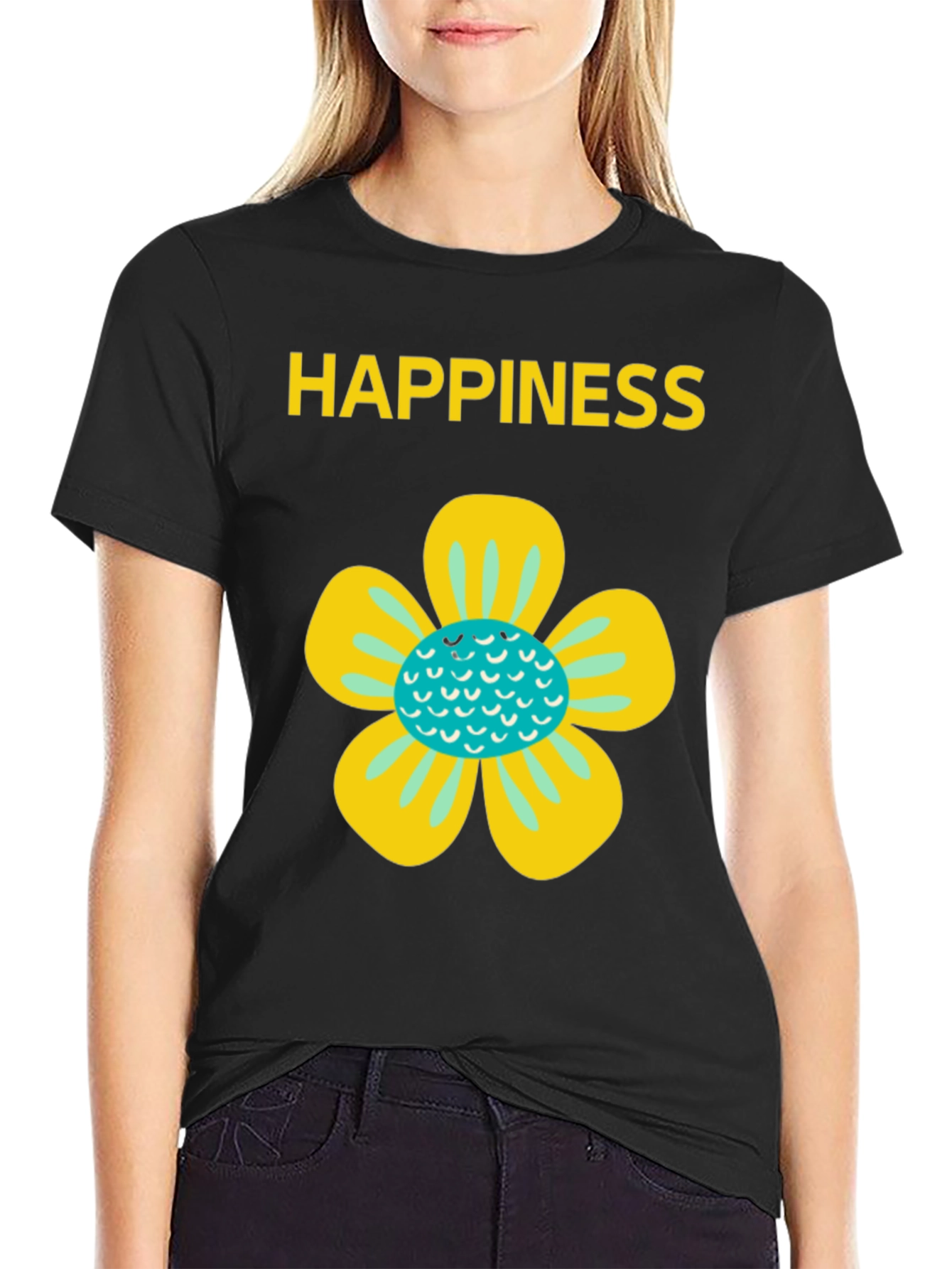 Black Happiness Floral Graphic Tee - Black Cotton Blend view 2