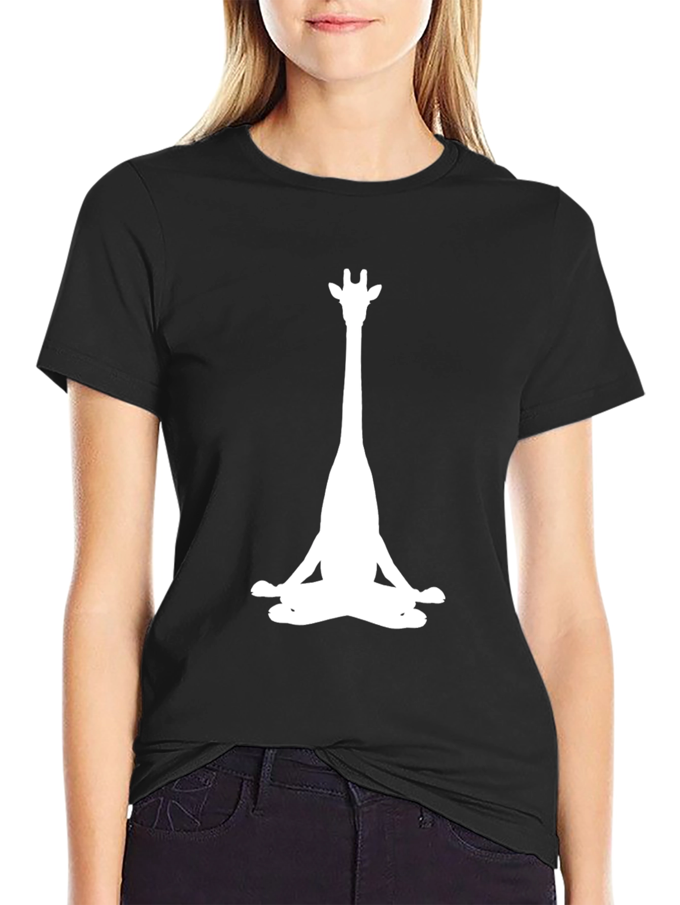 Black Meditating Giraffe Graphic Tee - Black Cotton T-Shirt view 2