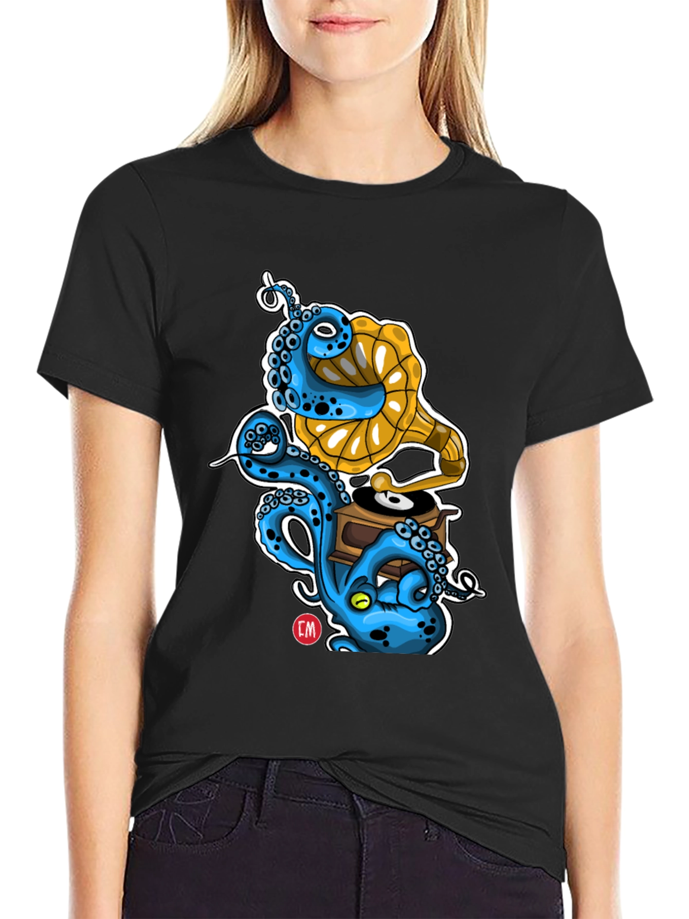 Black Octopus Phonograph Black T-Shirt view 2
