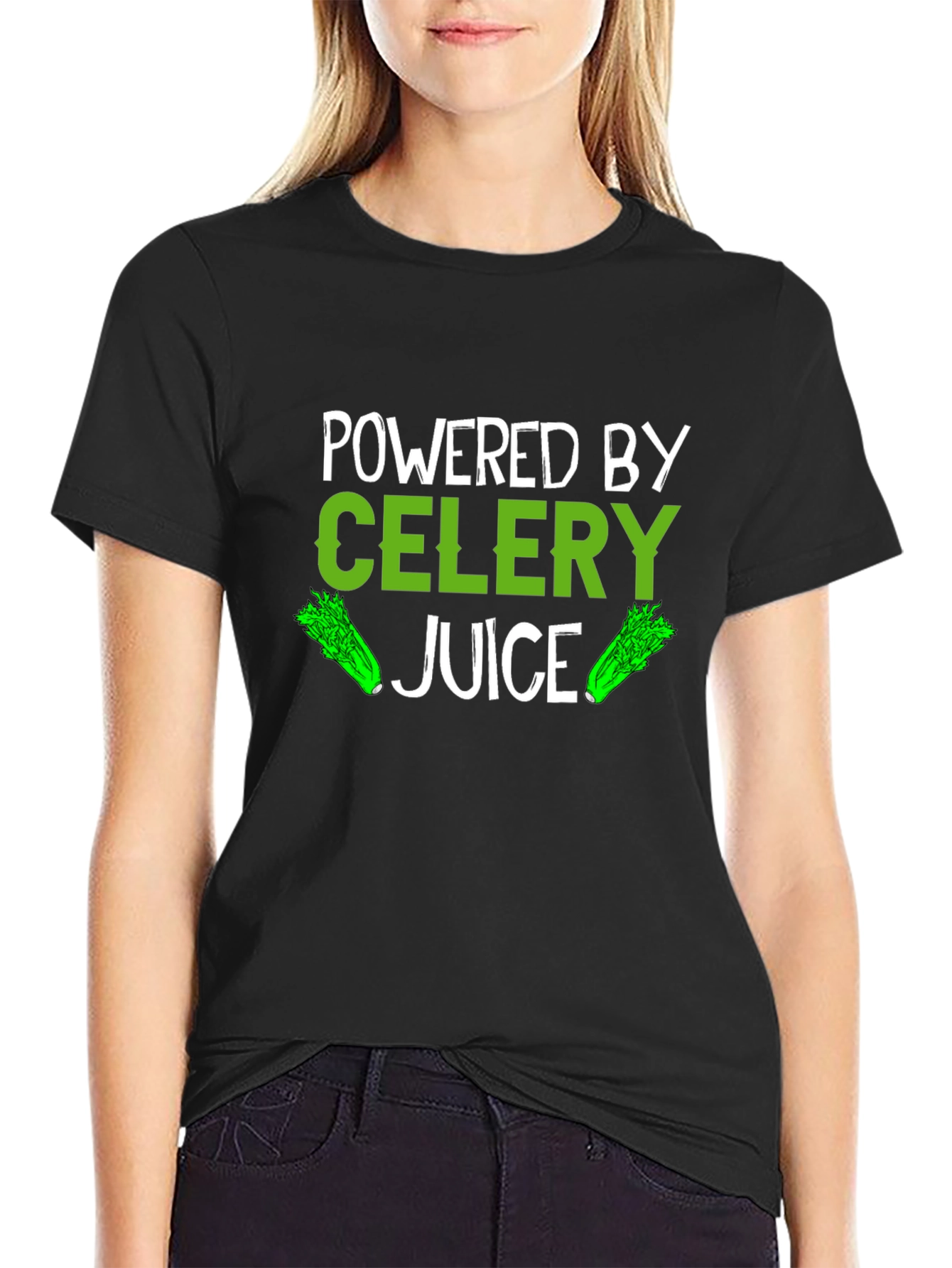 Black Powered by Celery Juice T-Shirt - Green Vegan Design view 2