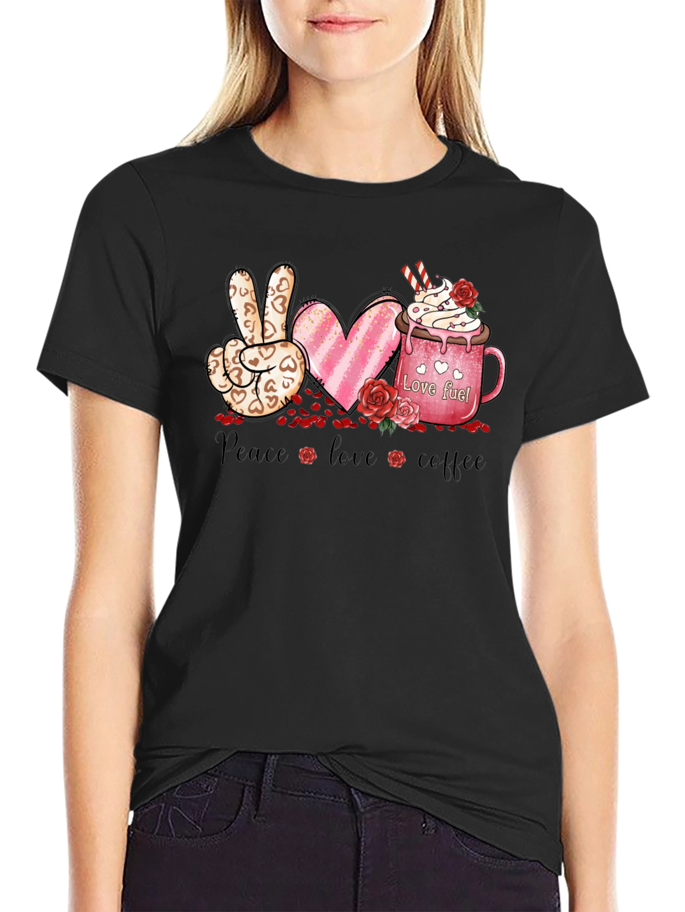 Black Peace Love Coffee Valentine T-Shirt view 2
