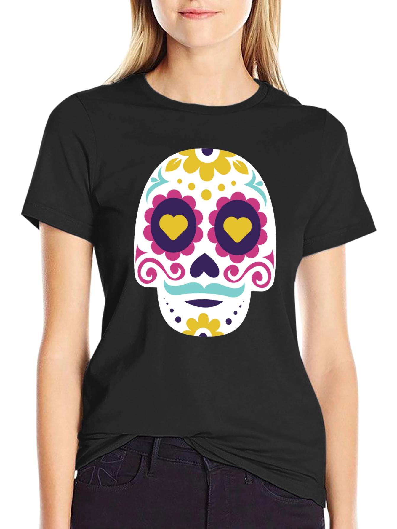 Black Black T-Shirt with Colorful Sugar Skull Graphic view 2
