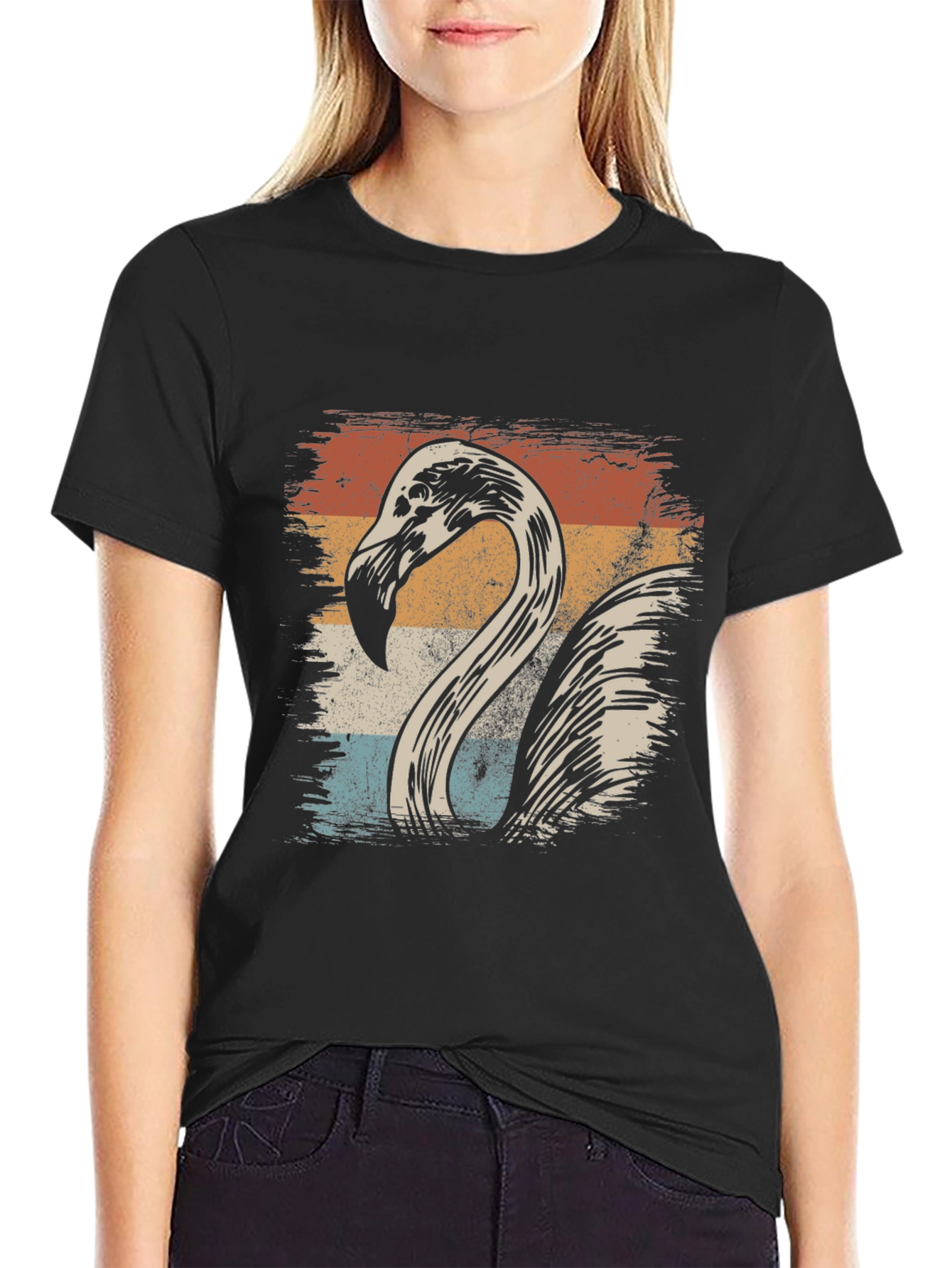 Black Vintage Flamingo Graphic Tee - Retro Style T-Shirt view 2