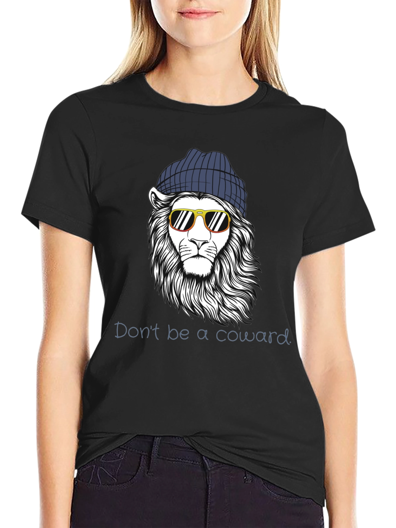 Black Cool Lion Graphic Tee - Don't Be A Coward view 2