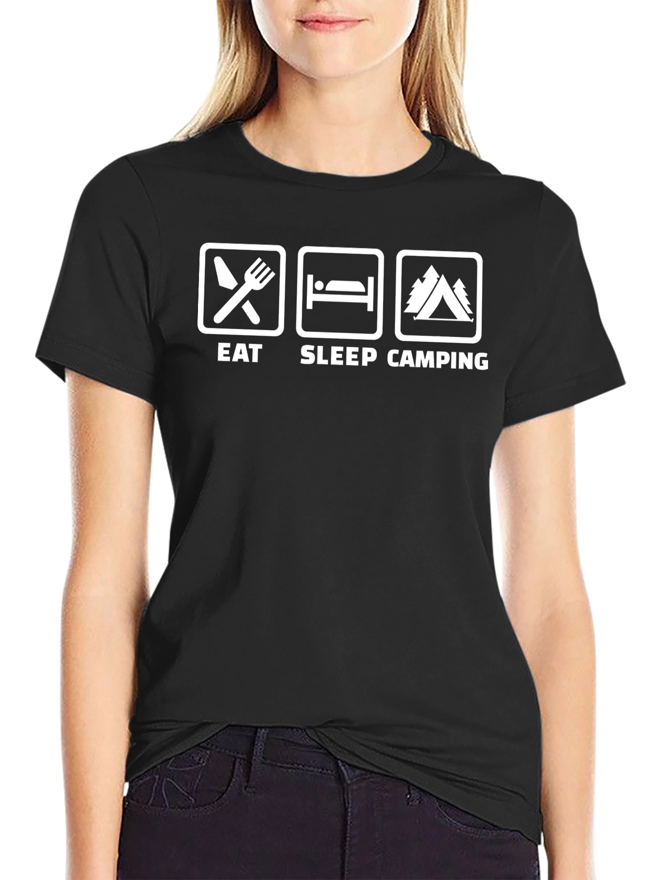 Black Eat Sleep Camping Graphic T-Shirt, Black Cotton Blend, Relaxed Fit view 2