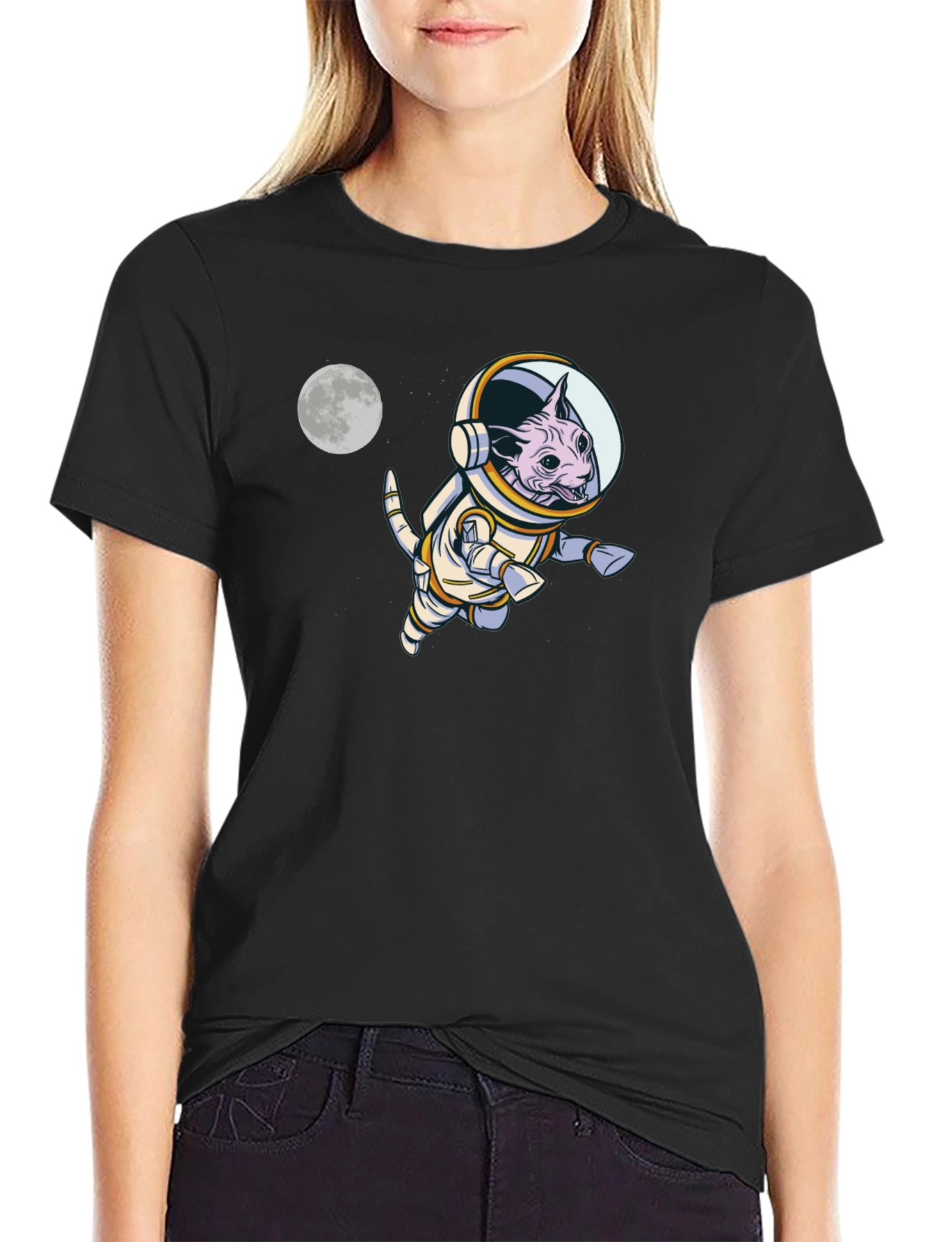 Black Astronaut Cat T-Shirt - Space Kitty Tee view 2