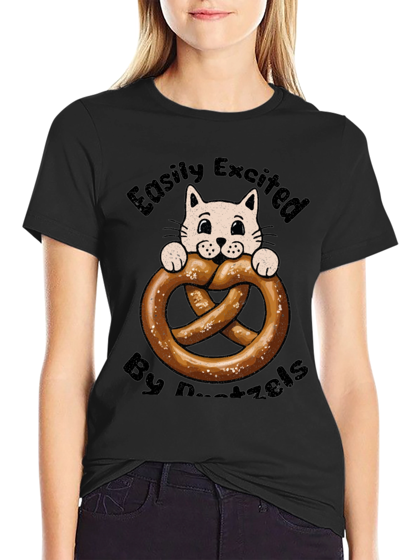 Black Easily Excited By Pretzels Cat T-Shirt view 2