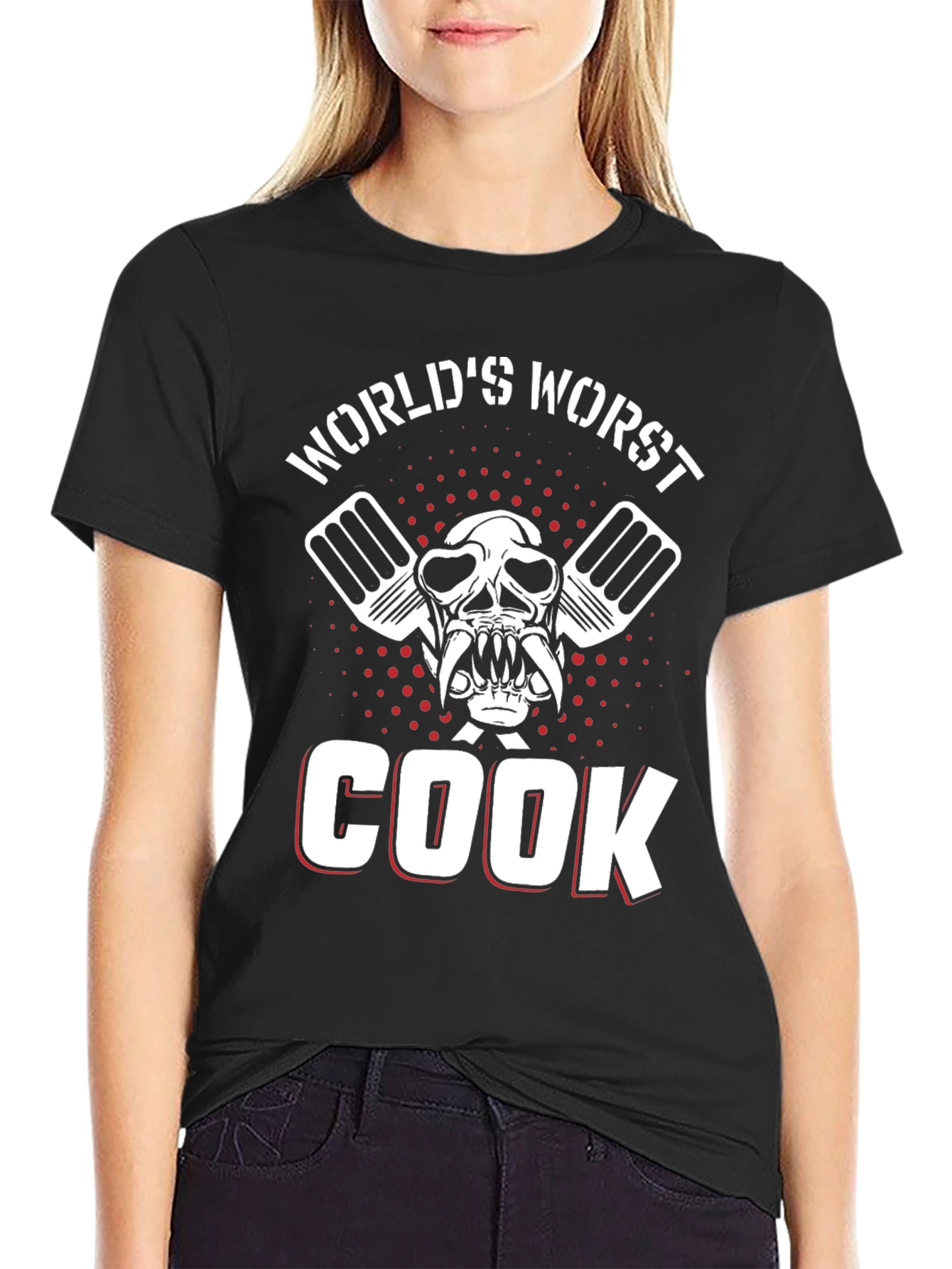 Black World's Worst Cook Skull Graphic T-Shirt view 2