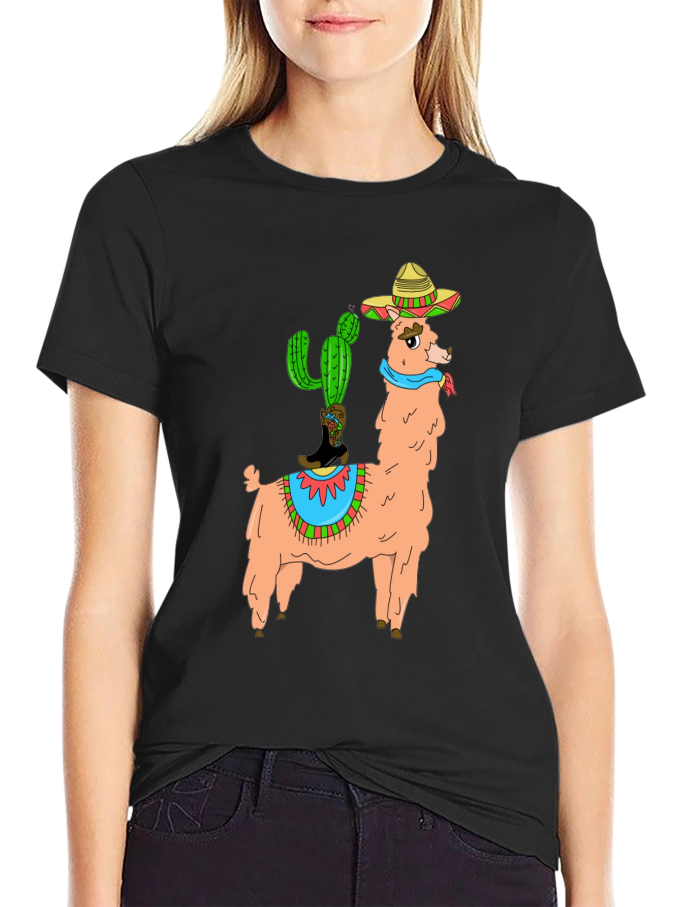 Black Llama Cactus Graphic Tee - Stylish Novelty T-Shirt view 2