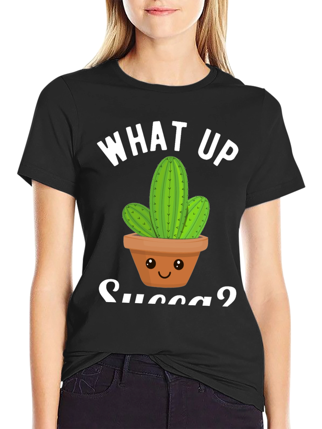 Black What Up Succa? Cactus Graphic T-Shirt view 2