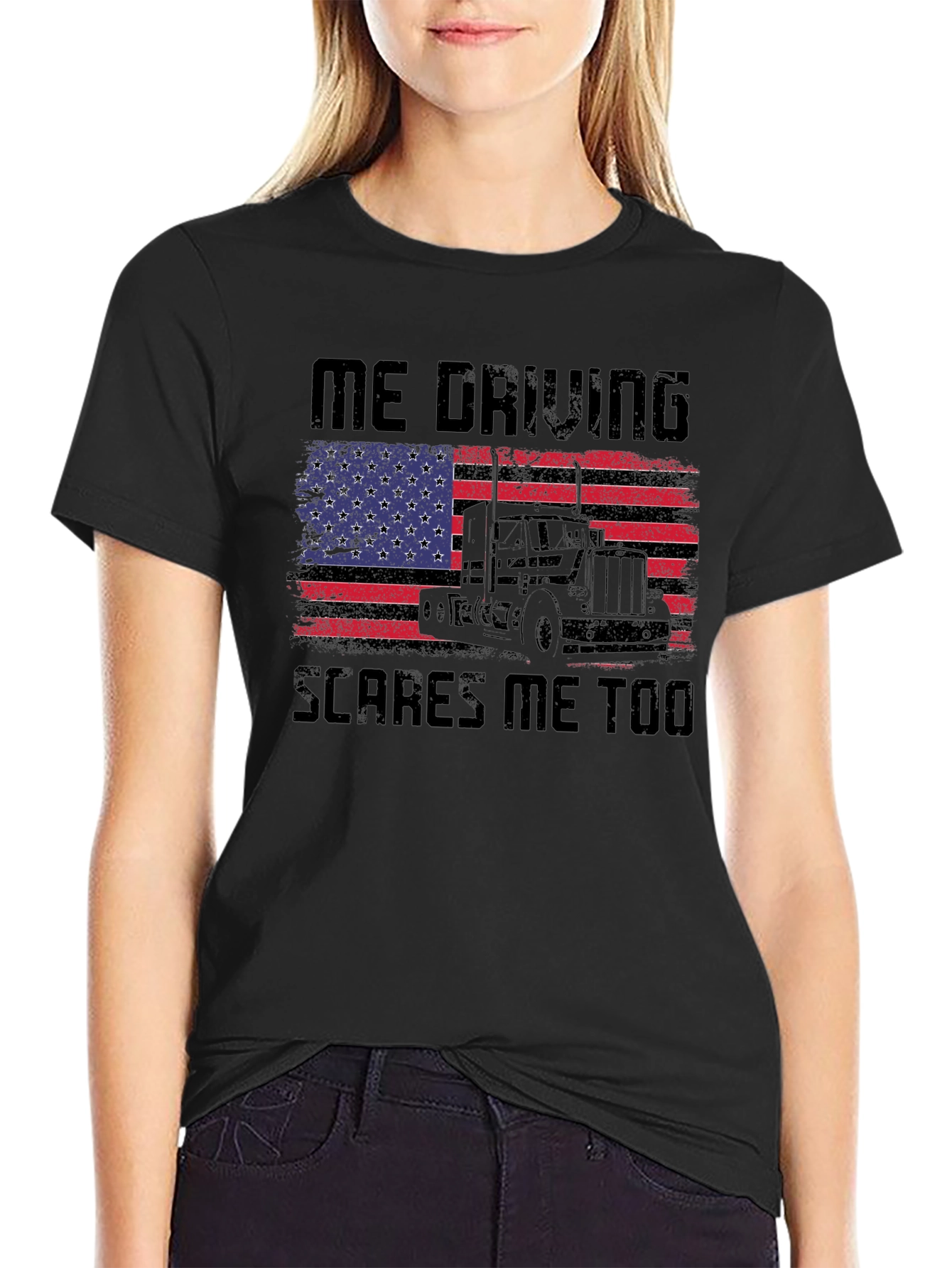 Black Trucker T-Shirt: Me Driving Scares Me Too! view 2