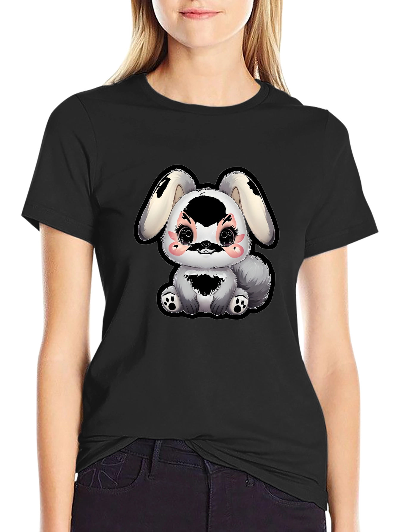 Black Cute Kawaii Bunny T-Shirt - Black view 2