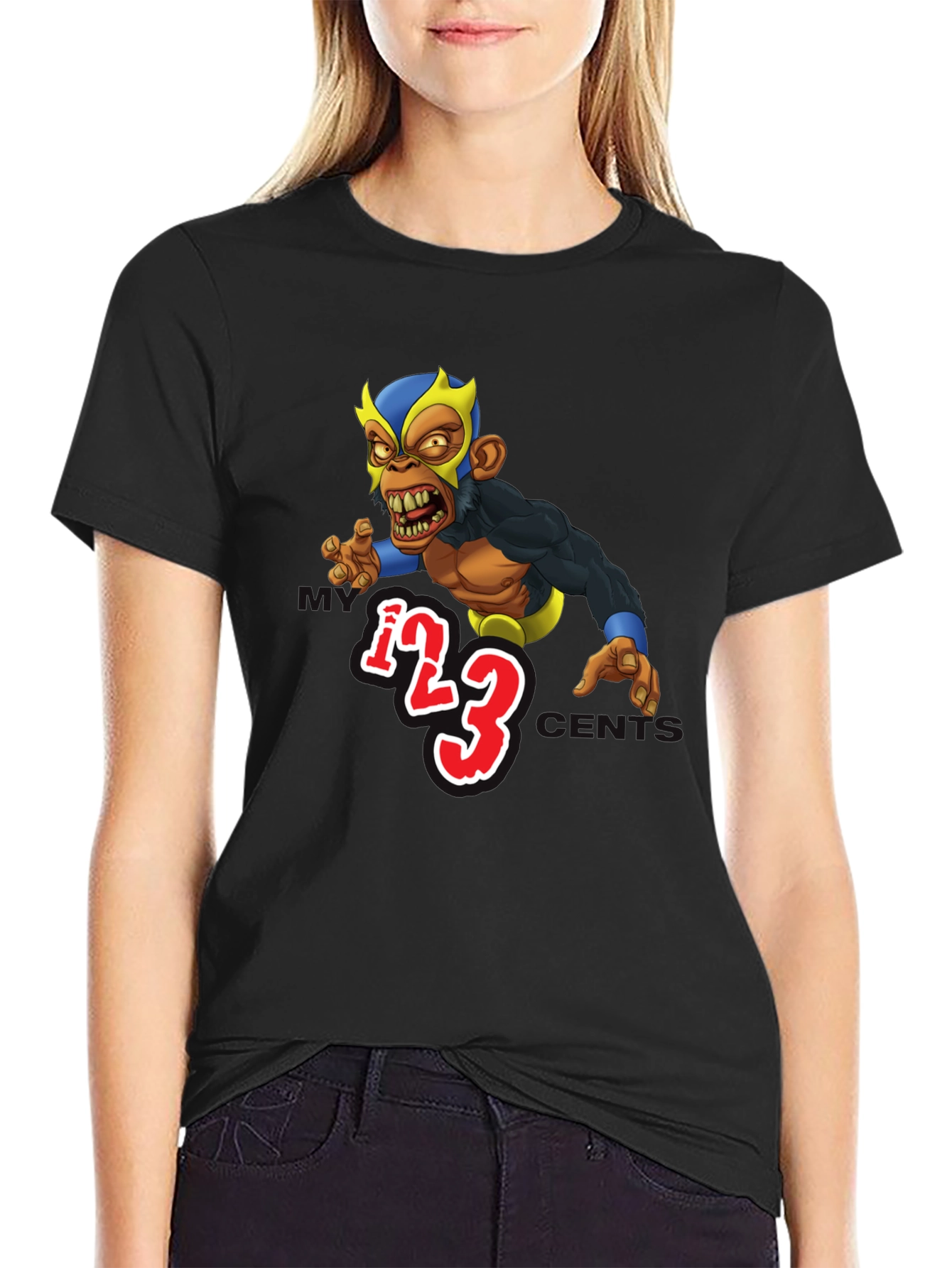 Black Wrestling Monkey Cartoon Graphic Black T-Shirt view 2