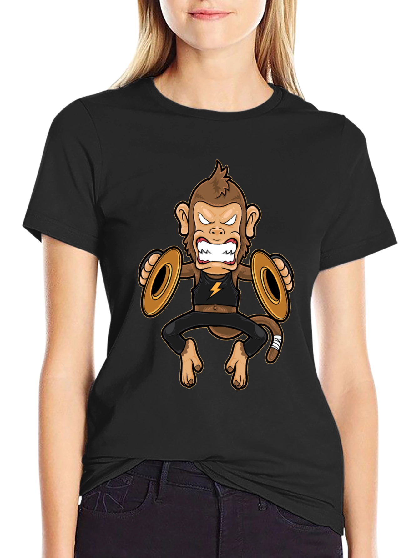 Black Monkey Cymbals Black T-Shirt Funny Graphic Tee view 2