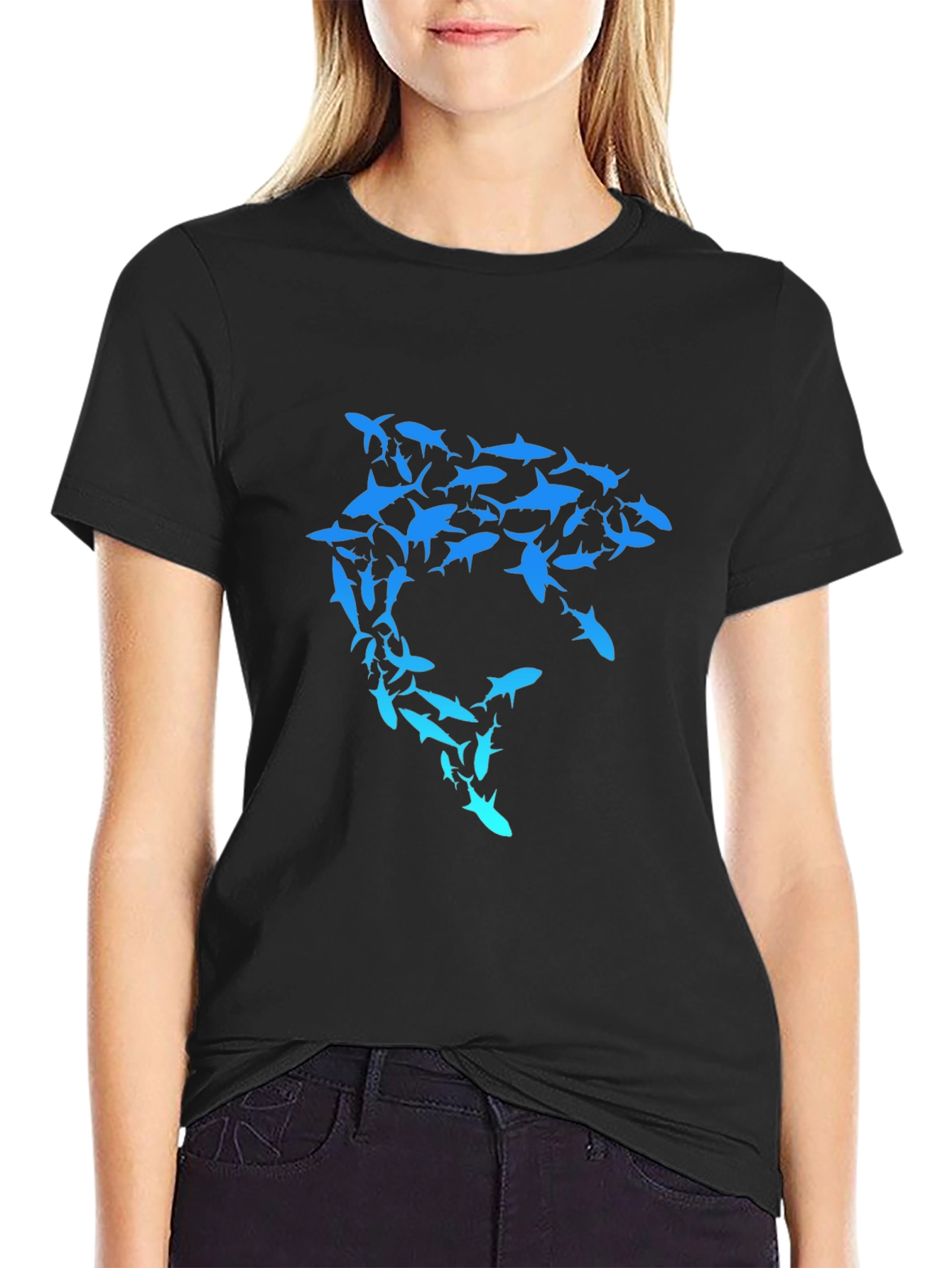 Black Shark Swarm Graphic T-Shirt - Unique Design view 2