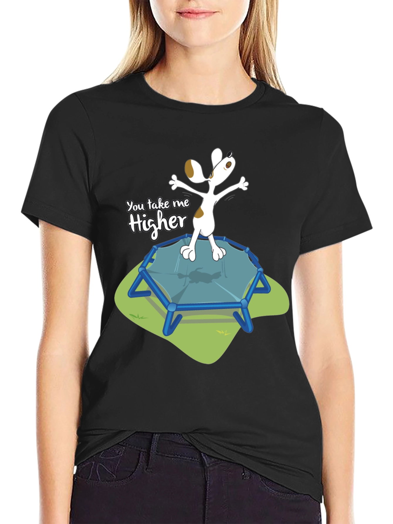 Black You Take Me Higher T-Shirt - Dog on Trampoline view 2