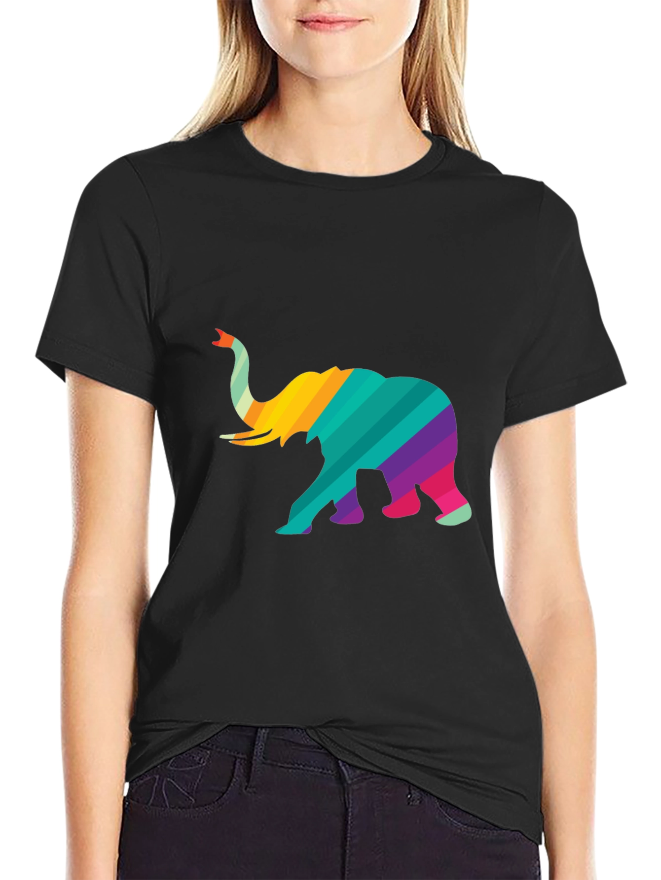 Black Rainbow Striped Elephant Graphic Tee - Unique Design view 2