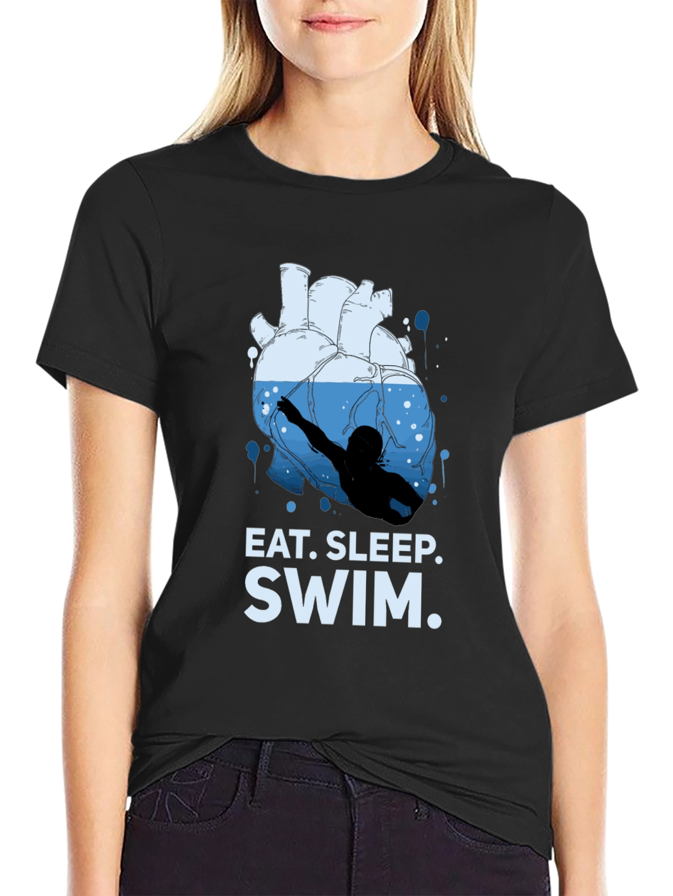Black Eat Sleep Swim Heart Graphic T-Shirt view 2