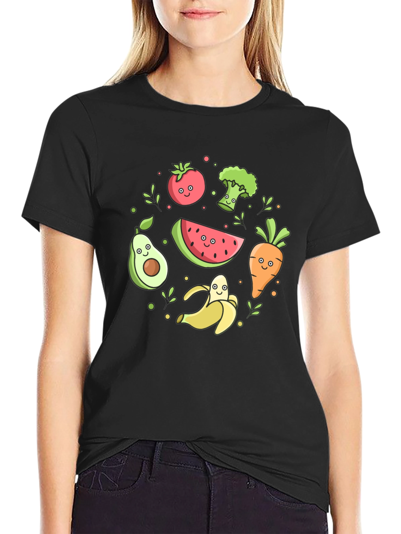 Cute Cartoon Fruits and Veggies Graphic Tee - 2