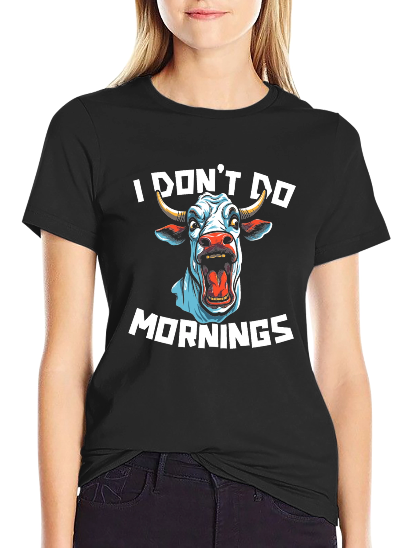 Black Funny I Don't Do Mornings Cow Graphic Black T-Shirt view 2
