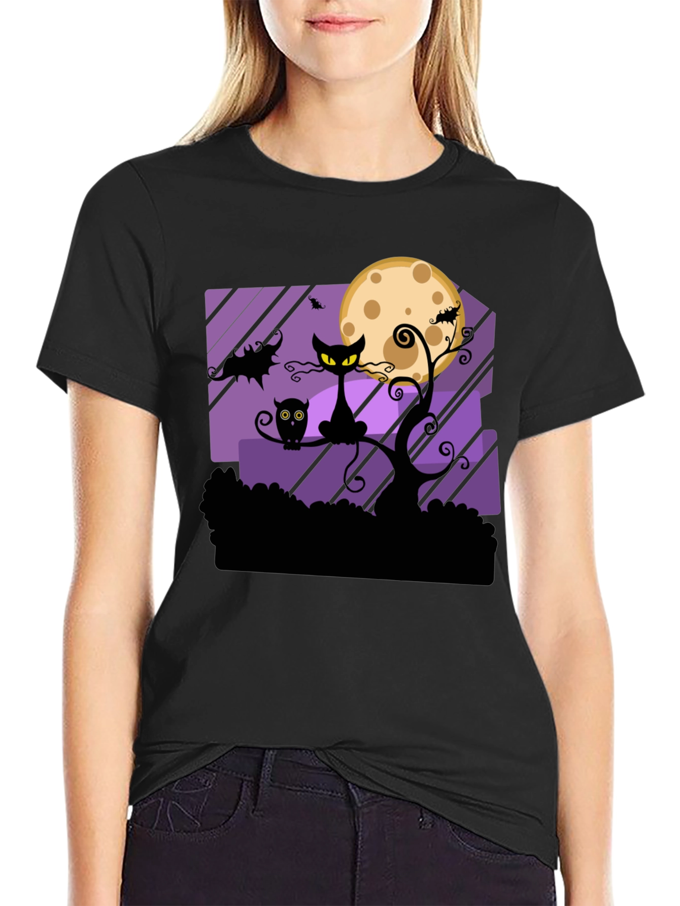 Black Halloween Black Cat & Moon Graphic T-Shirt view 2