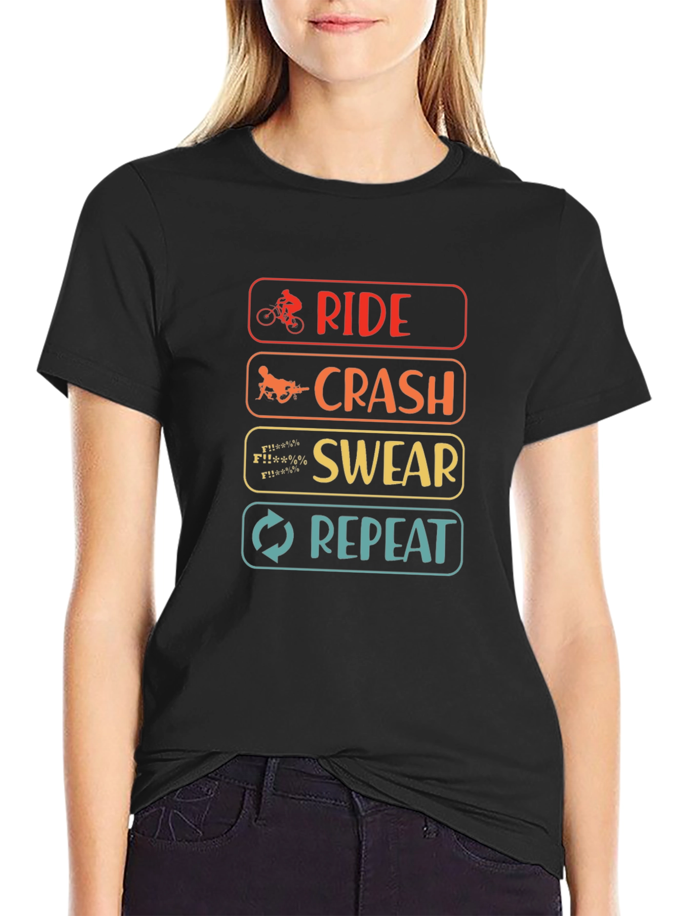 Black Ride Crash Swear Repeat T-Shirt - Mountain Bike Humor Tee view 2