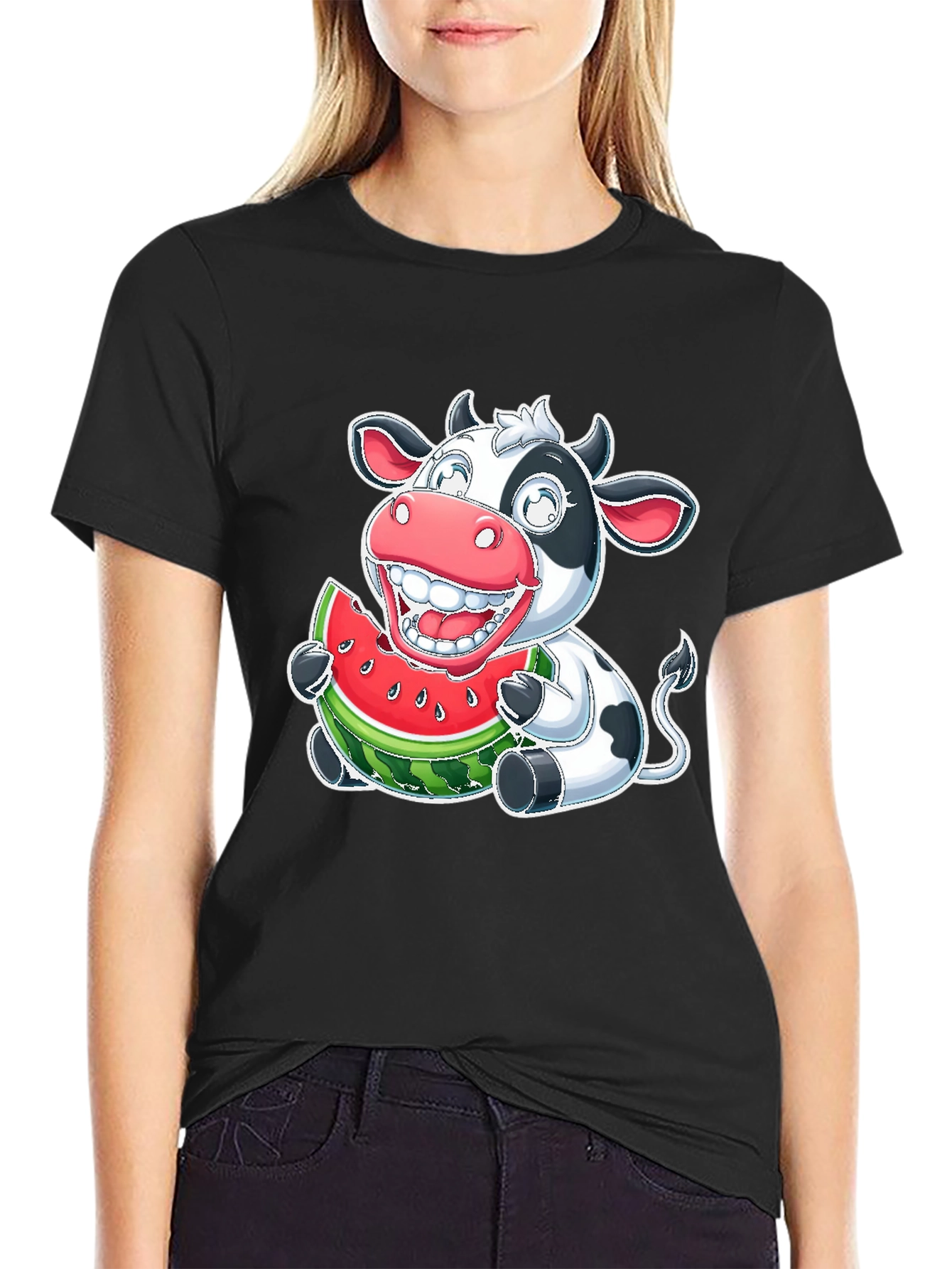 Black Funny Cow Watermelon Graphic T-Shirt view 2