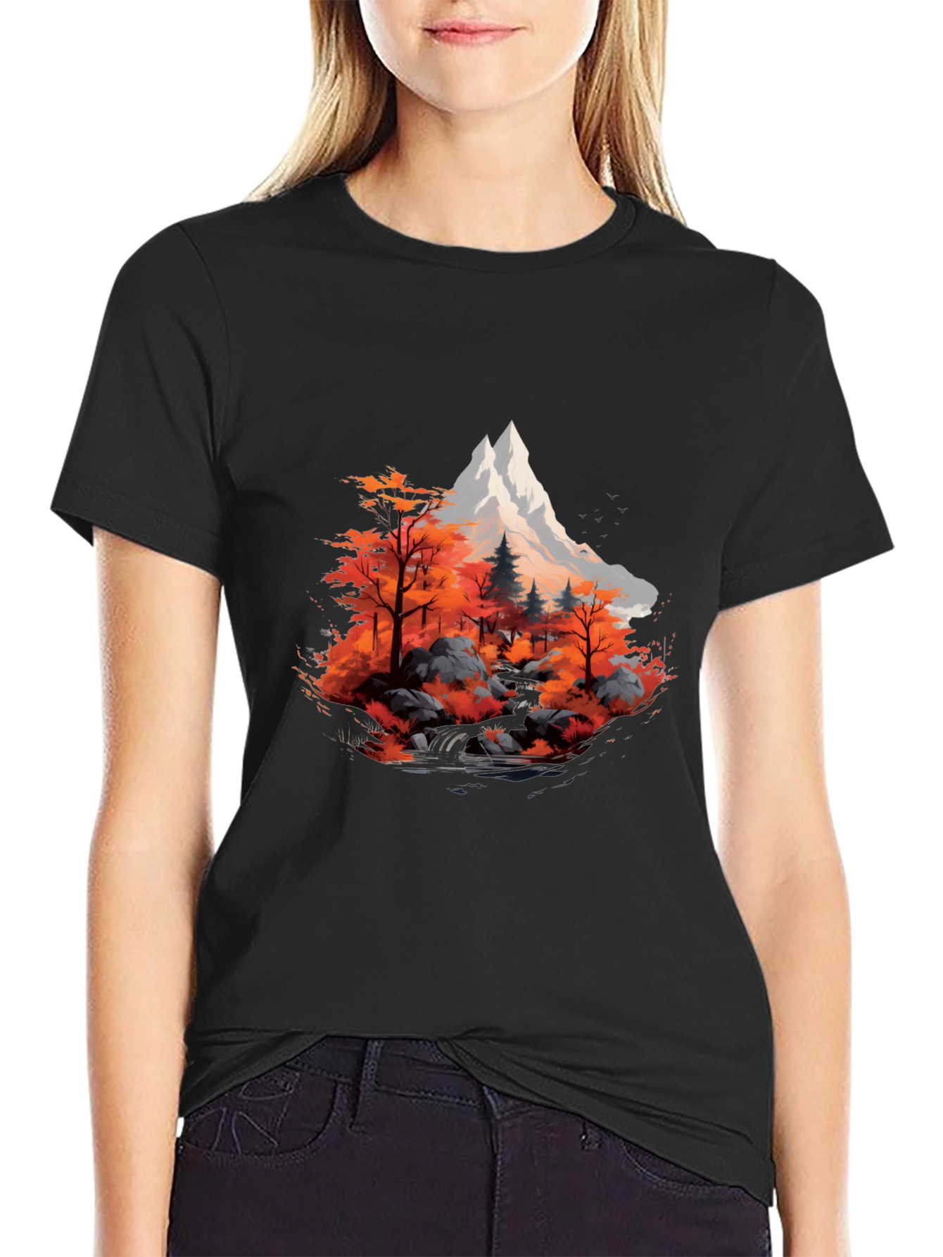 Black Mountain & Autumn Forest Graphic Black Tee view 2