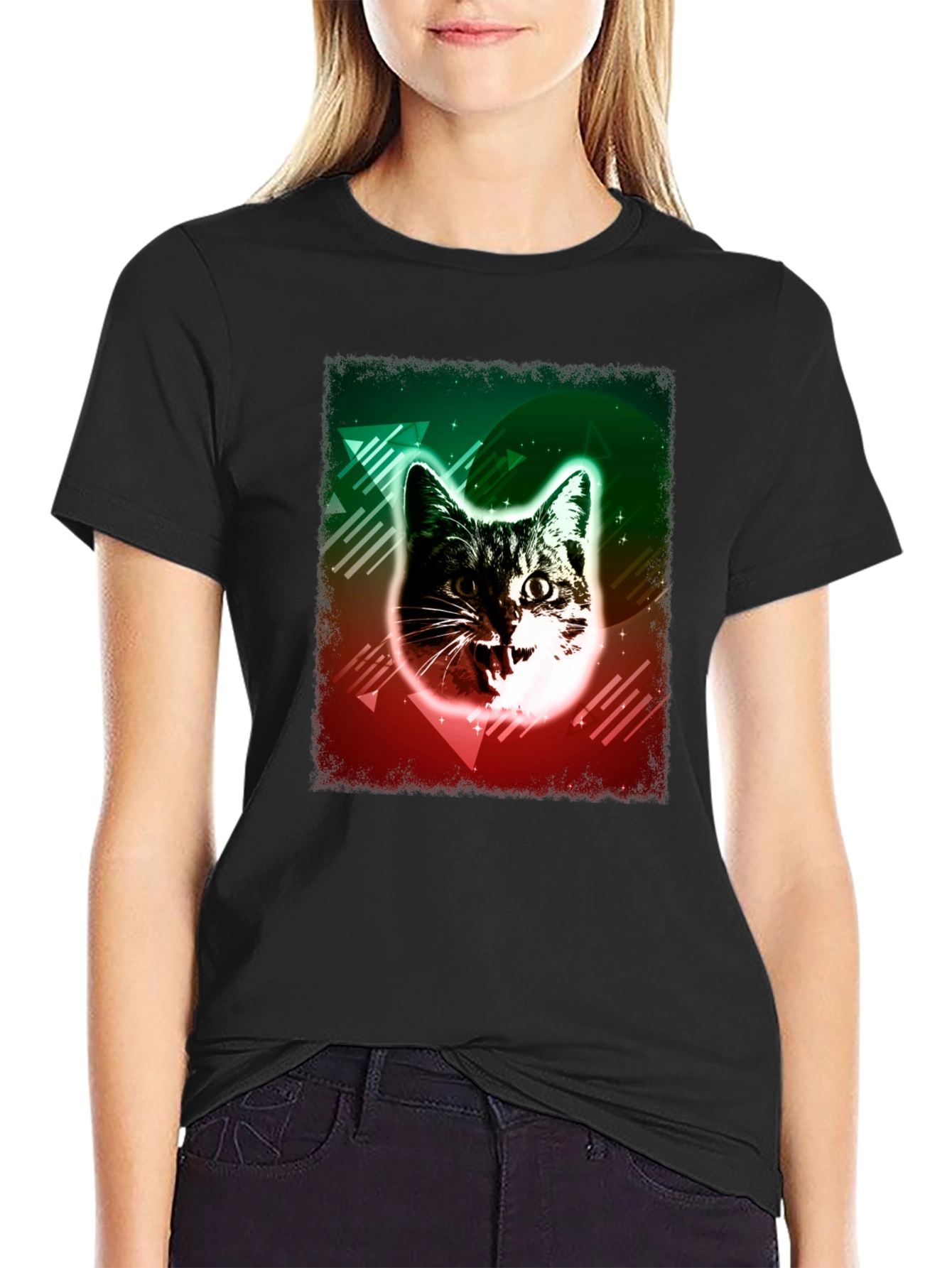 Black Retro Cat Graphic Tee - Black Cotton Comfort view 2