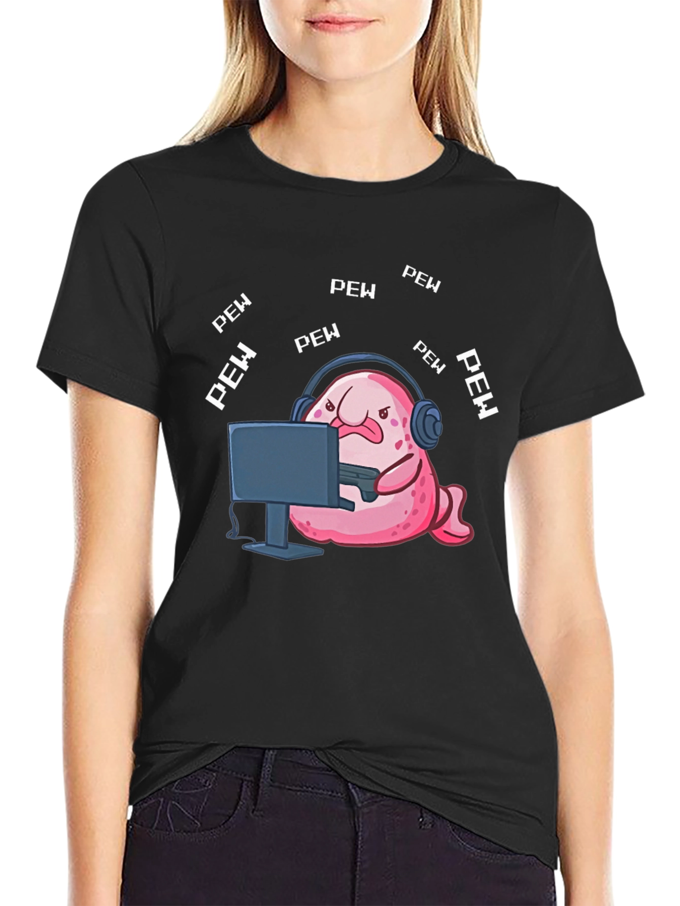 Black Gamer Blobfish T-Shirt - Pew Pew Funny Tee view 2