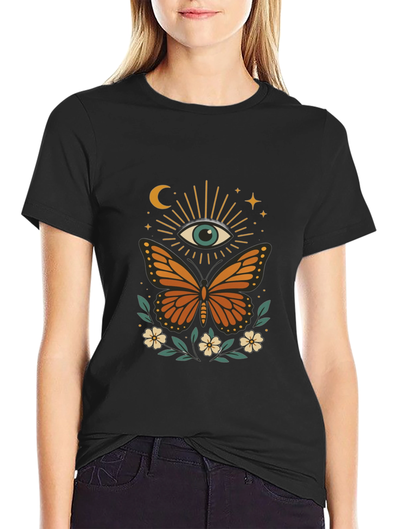 Black Mystic Eye Butterfly Graphic Tee - Black Cotton Blend view 2