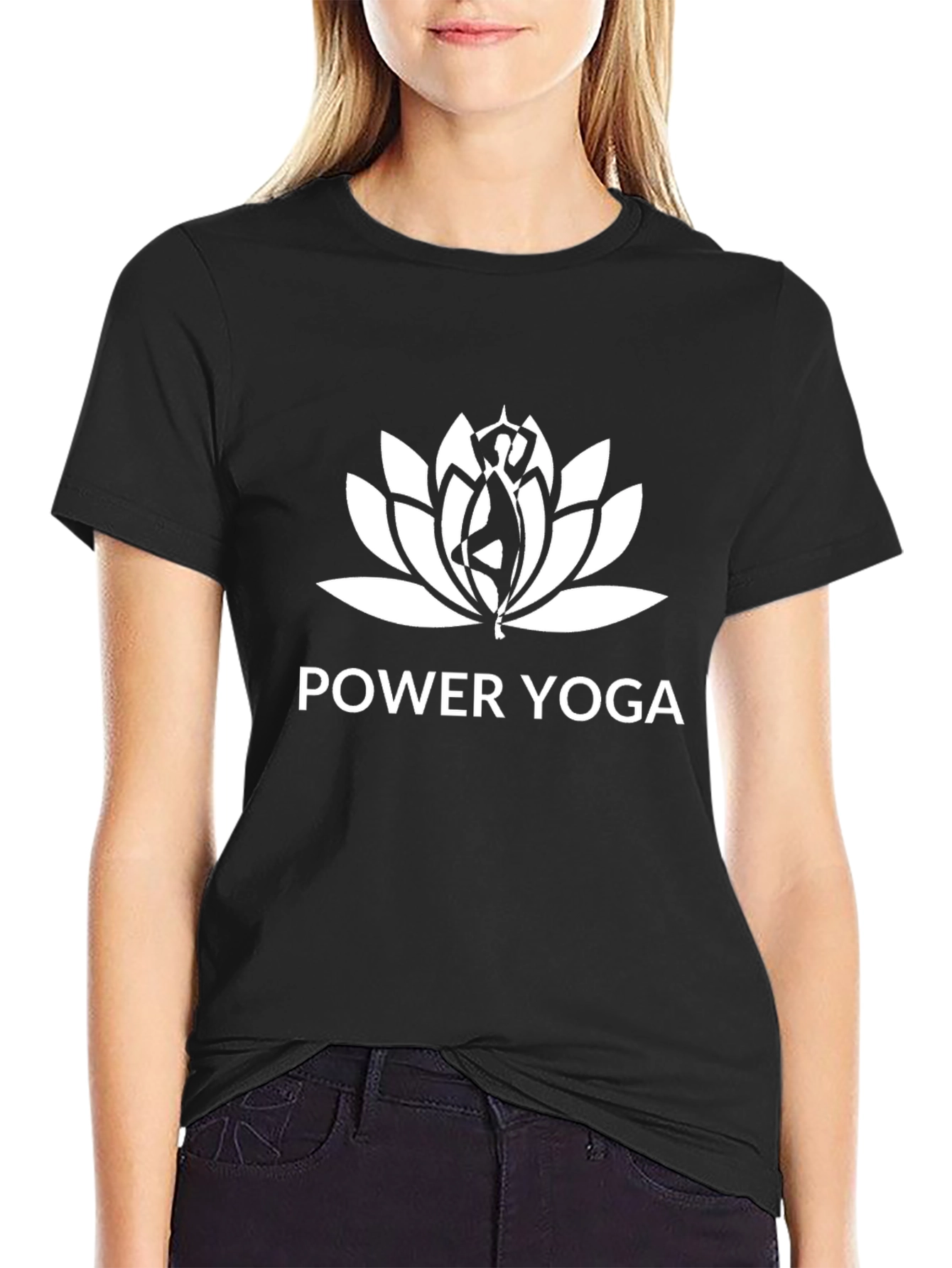 Black Power Yoga Lotus Design Black T-Shirt view 2