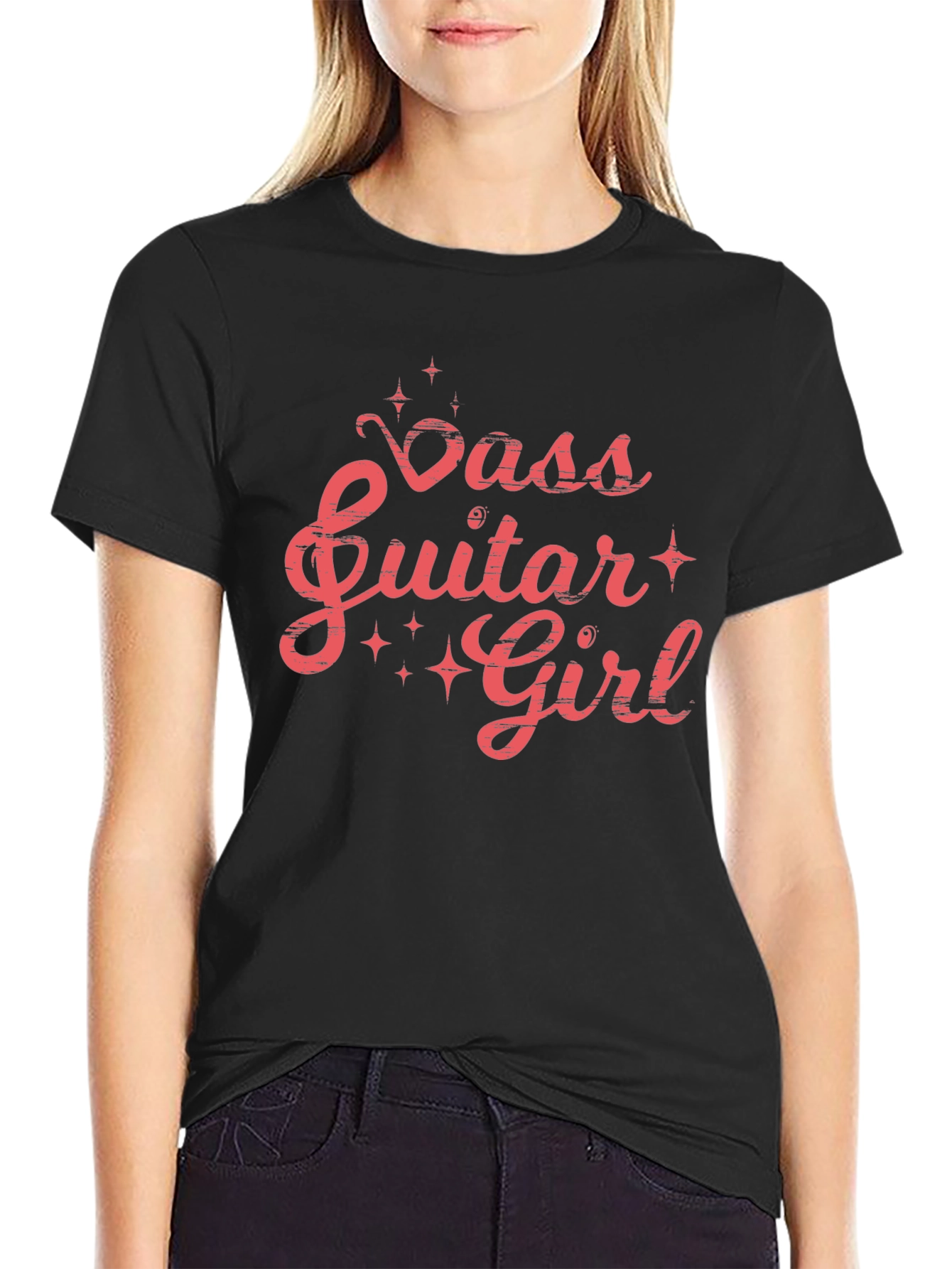 Black Bass Guitar Girl Graphic Tee - Black Cotton T-Shirt view 2