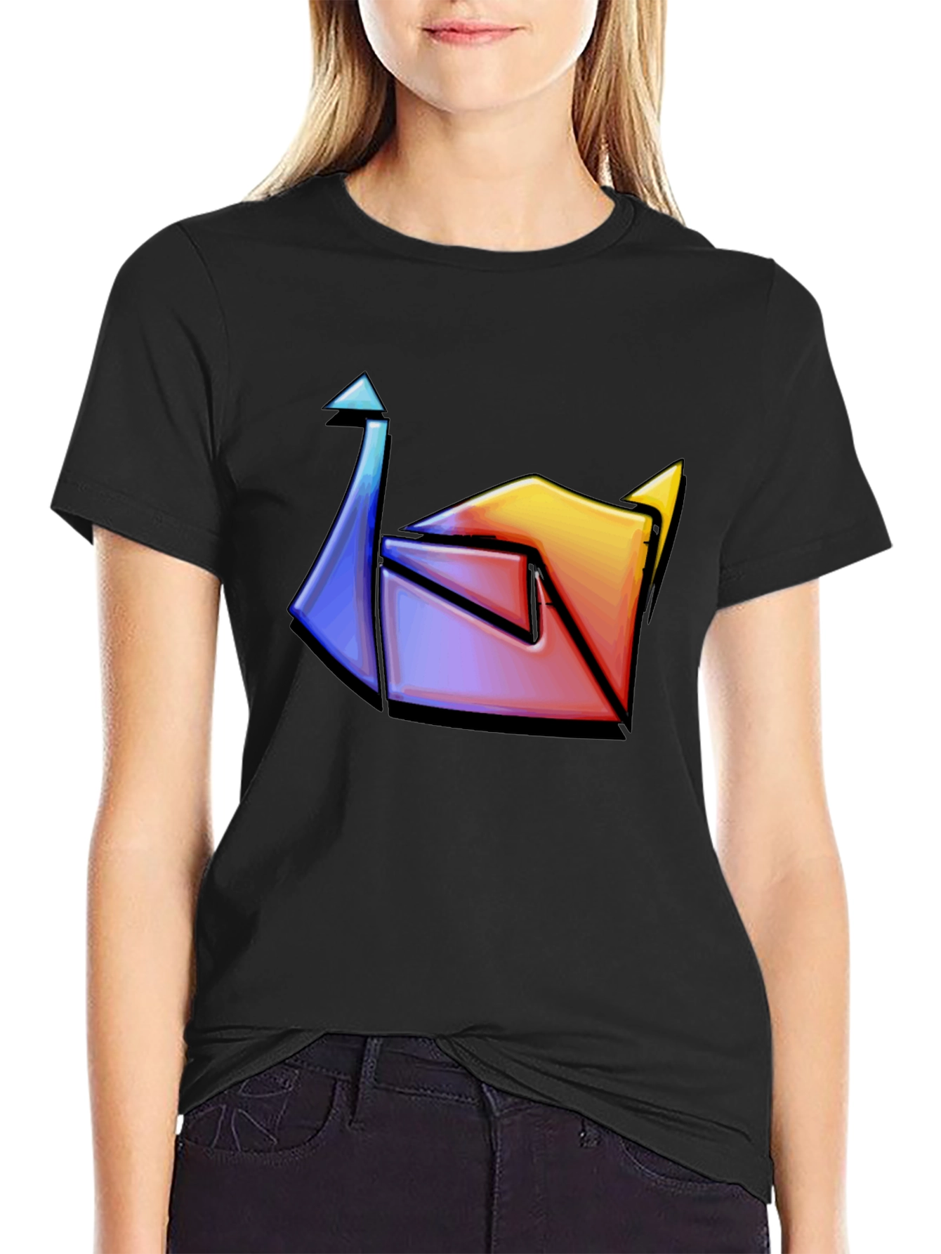 Black Abstract Colorful Origami Graphic Tee view 2