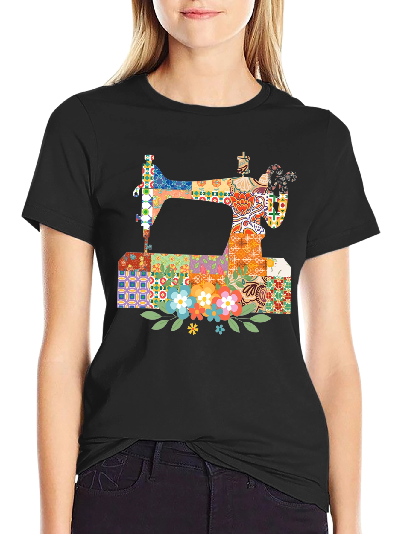 Black Sewing Machine Floral T-Shirt view 2