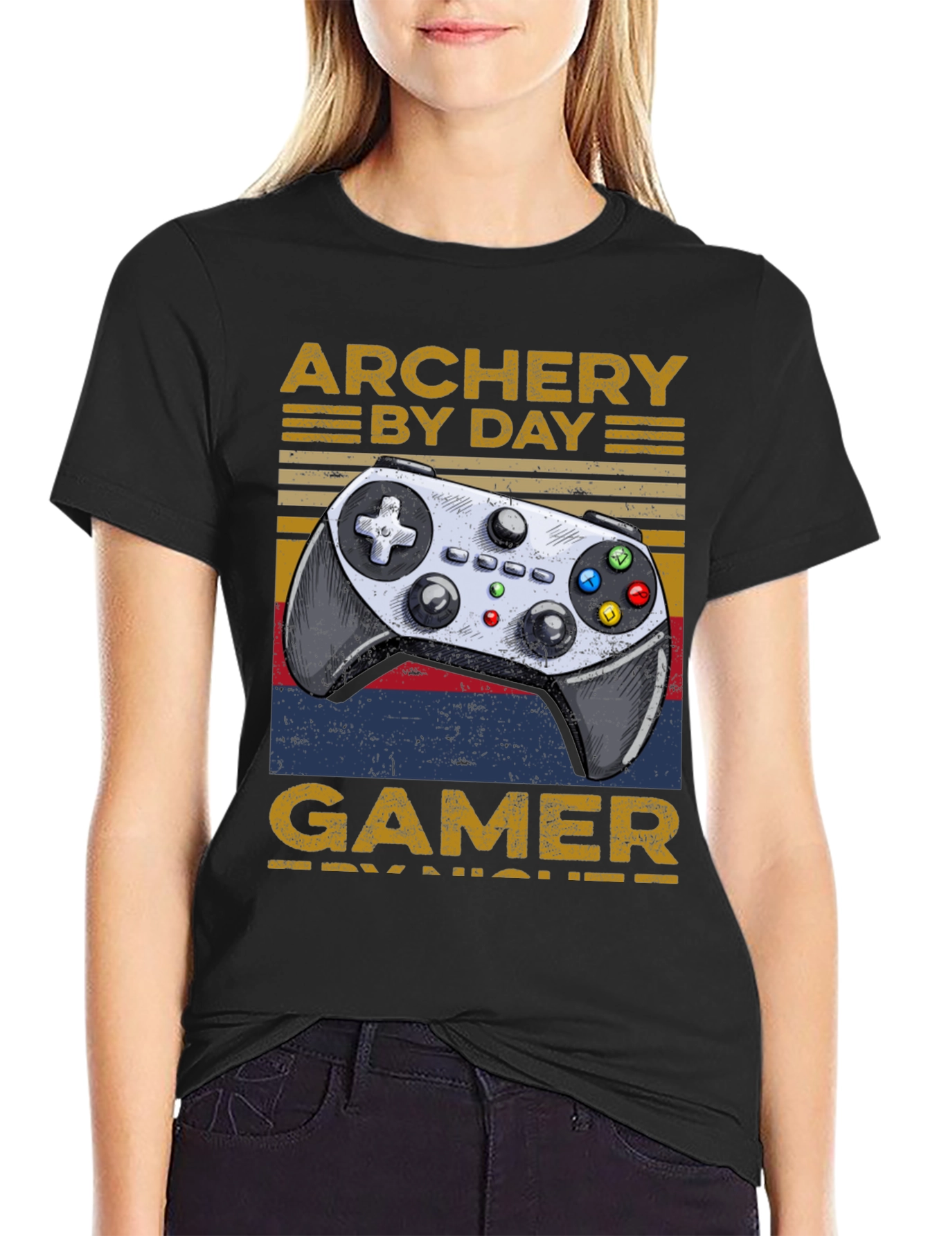 Black Archery By Day Gamer By Night T-Shirt view 2