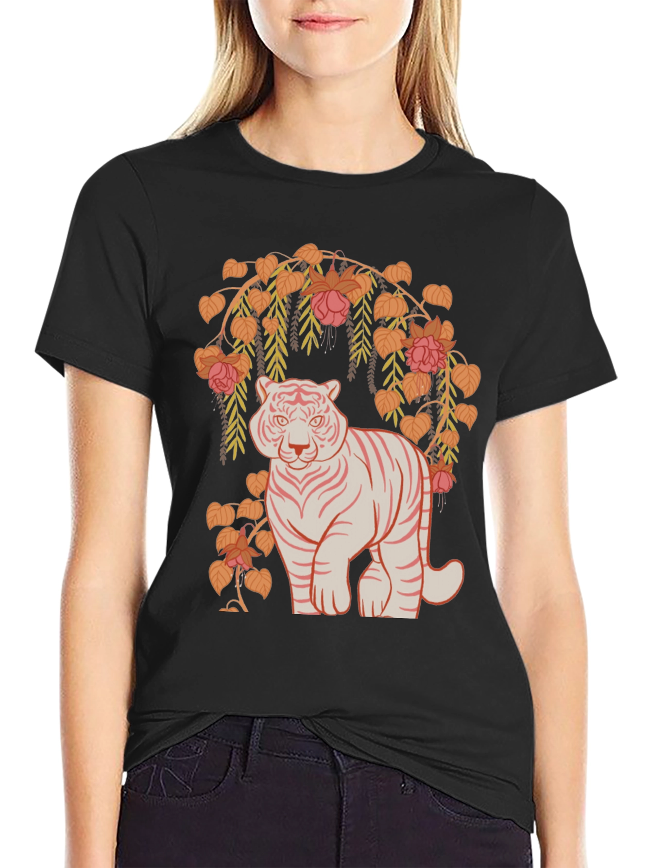 Black Tiger and Floral Graphic Tee - Black view 2
