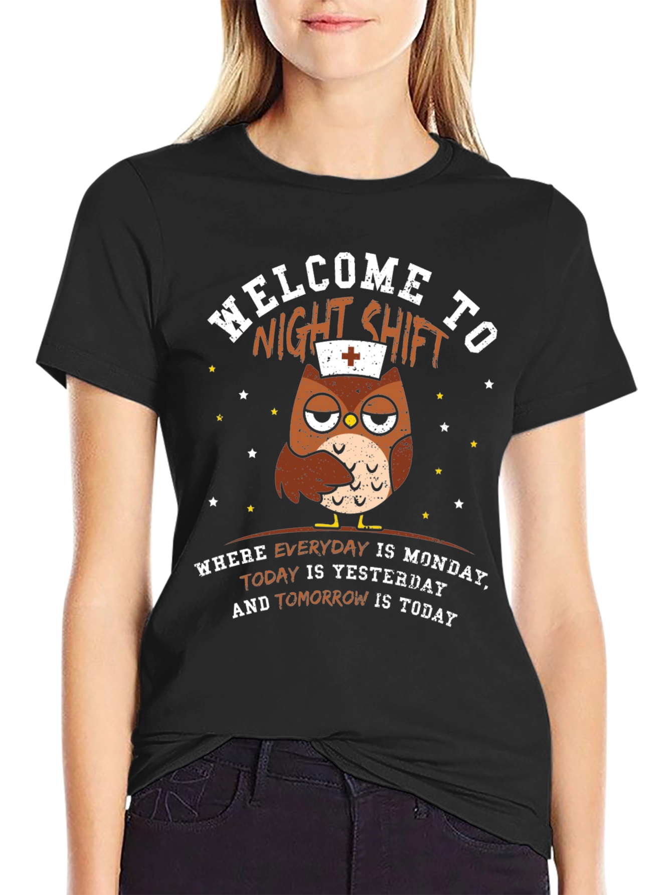 Black Night Shift Nurse Owl T-Shirt view 2