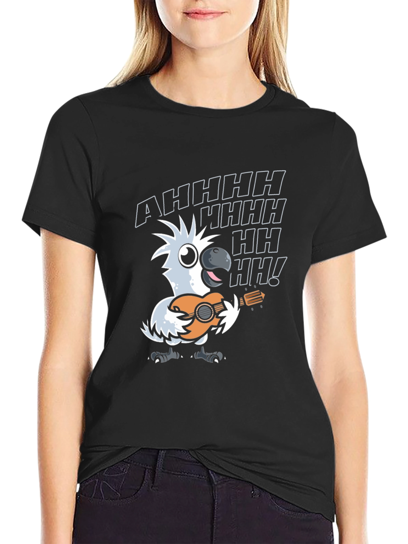 Black Parrot Guitar Player T-Shirt - Black Cotton Tee view 2