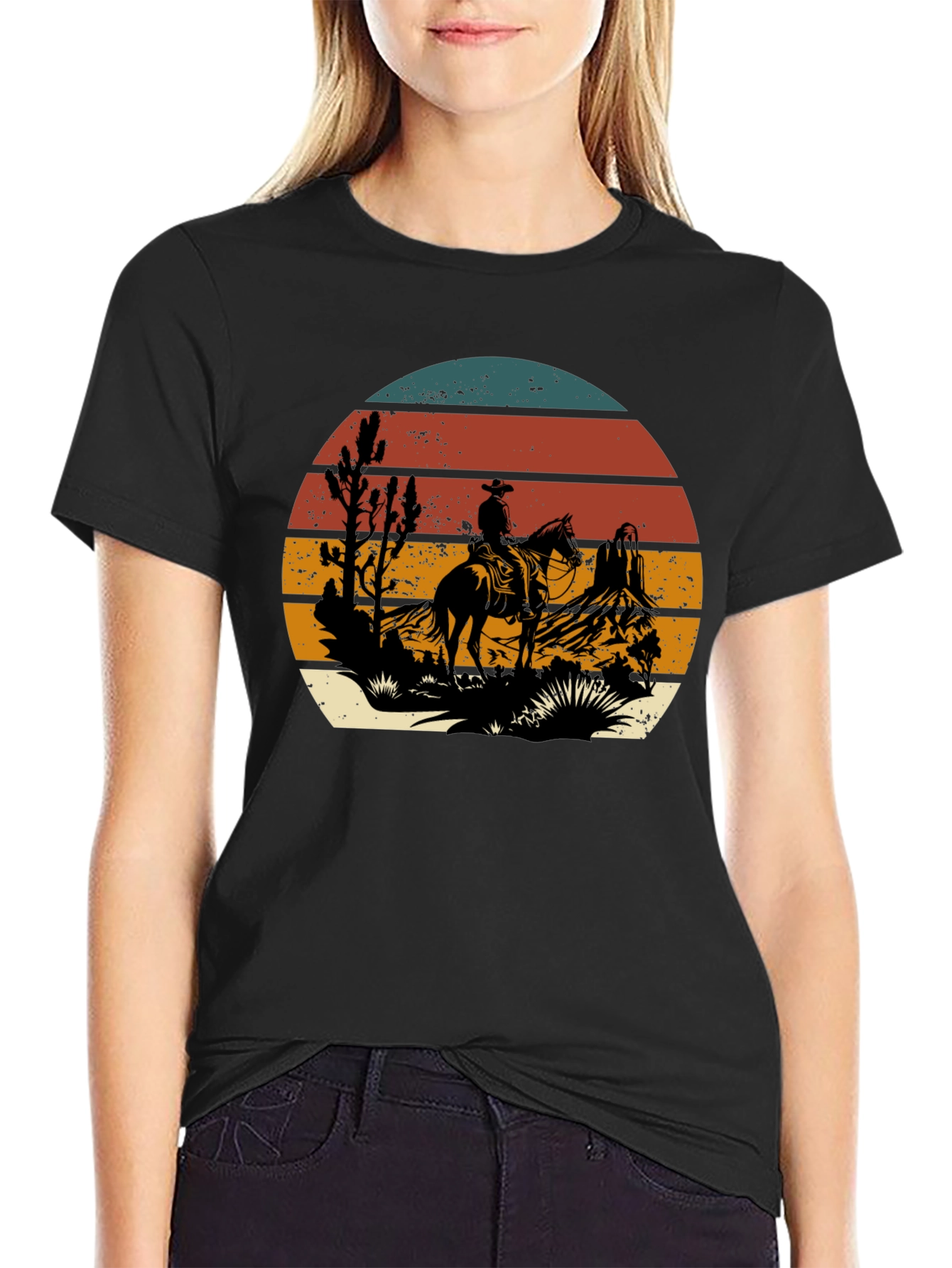 Black Western Cowboy Sunset Graphic T-Shirt view 2