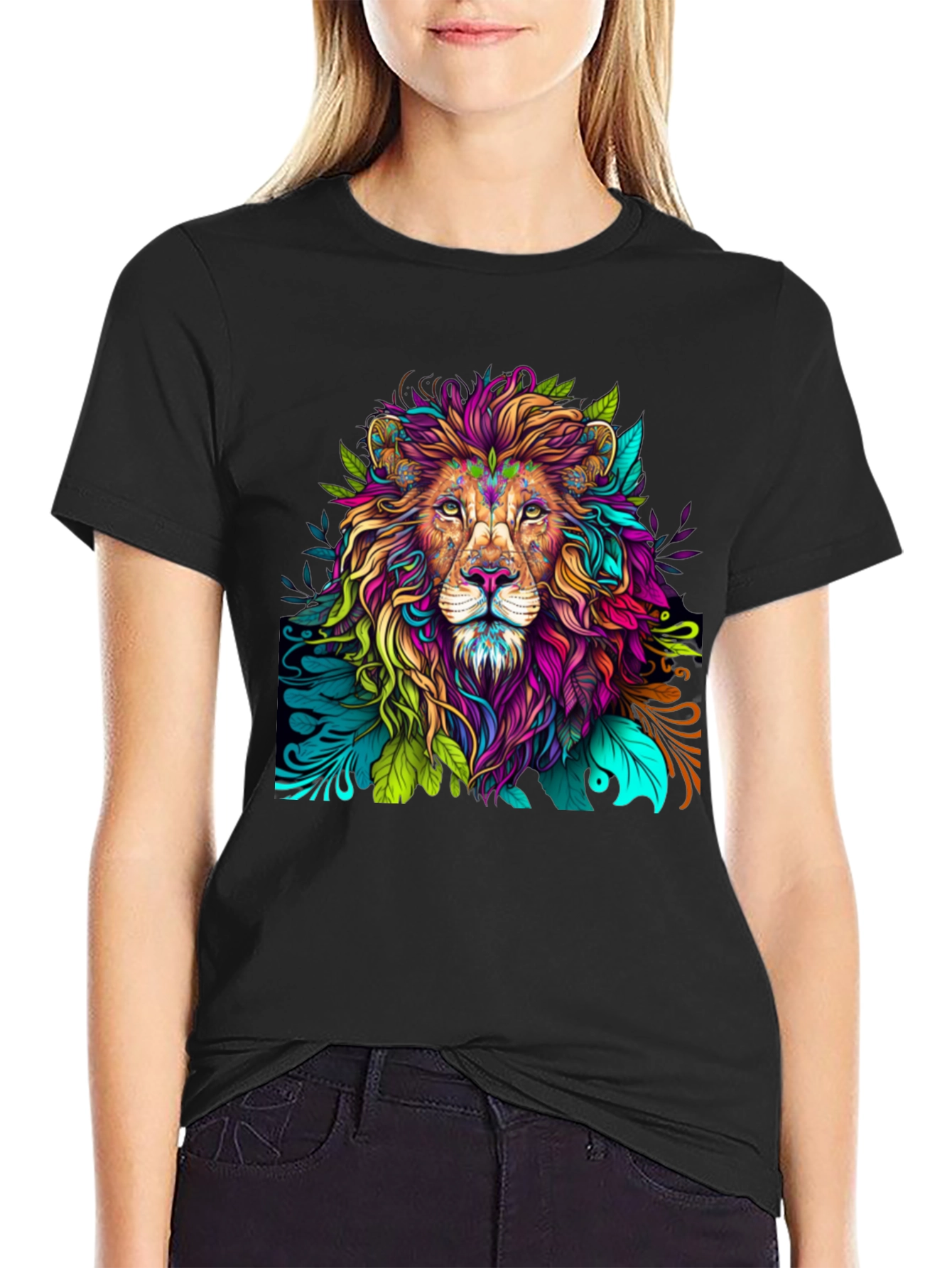 Black Colorful Lion Graphic Tee - Bold Style view 2