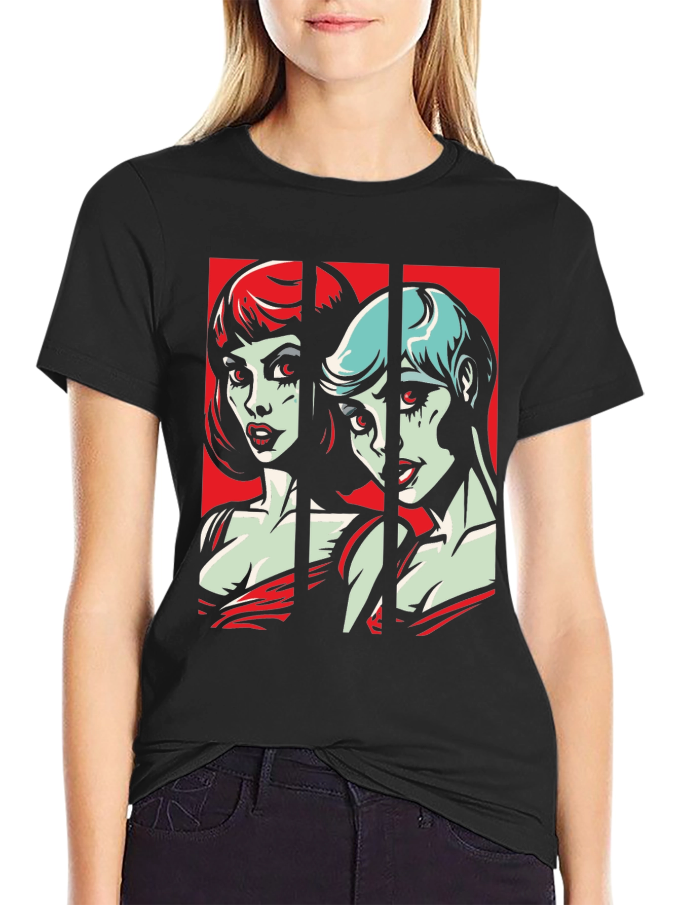 Black Retro Pop Art Vampire Women Black T-Shirt view 2