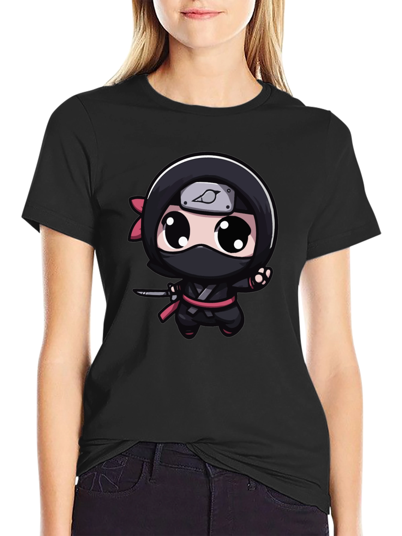 Black Kawaii Ninja Graphic Tee - Black Cotton Blend view 2