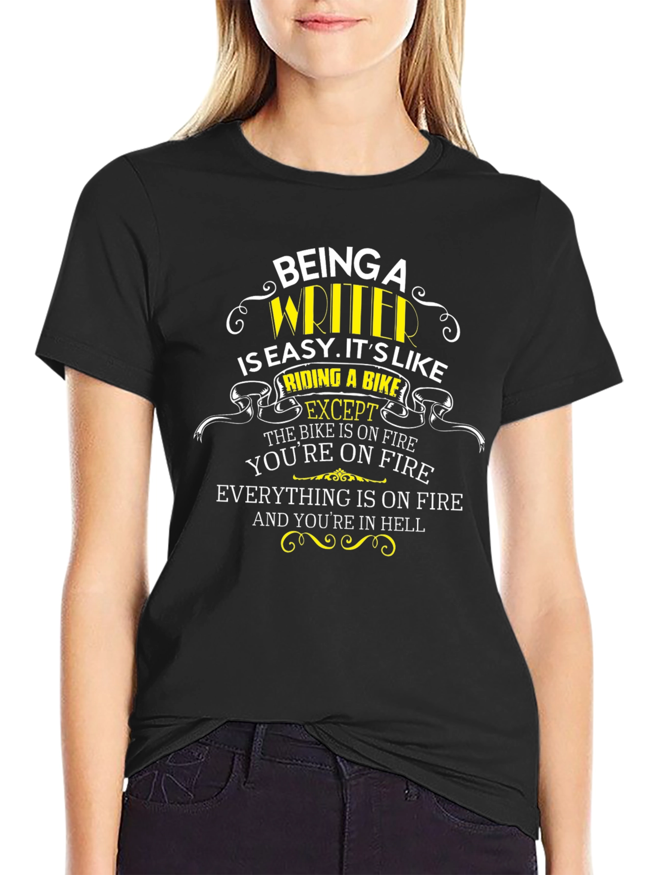 Black Being A Writer T-Shirt: Riding A Bike Except... view 2