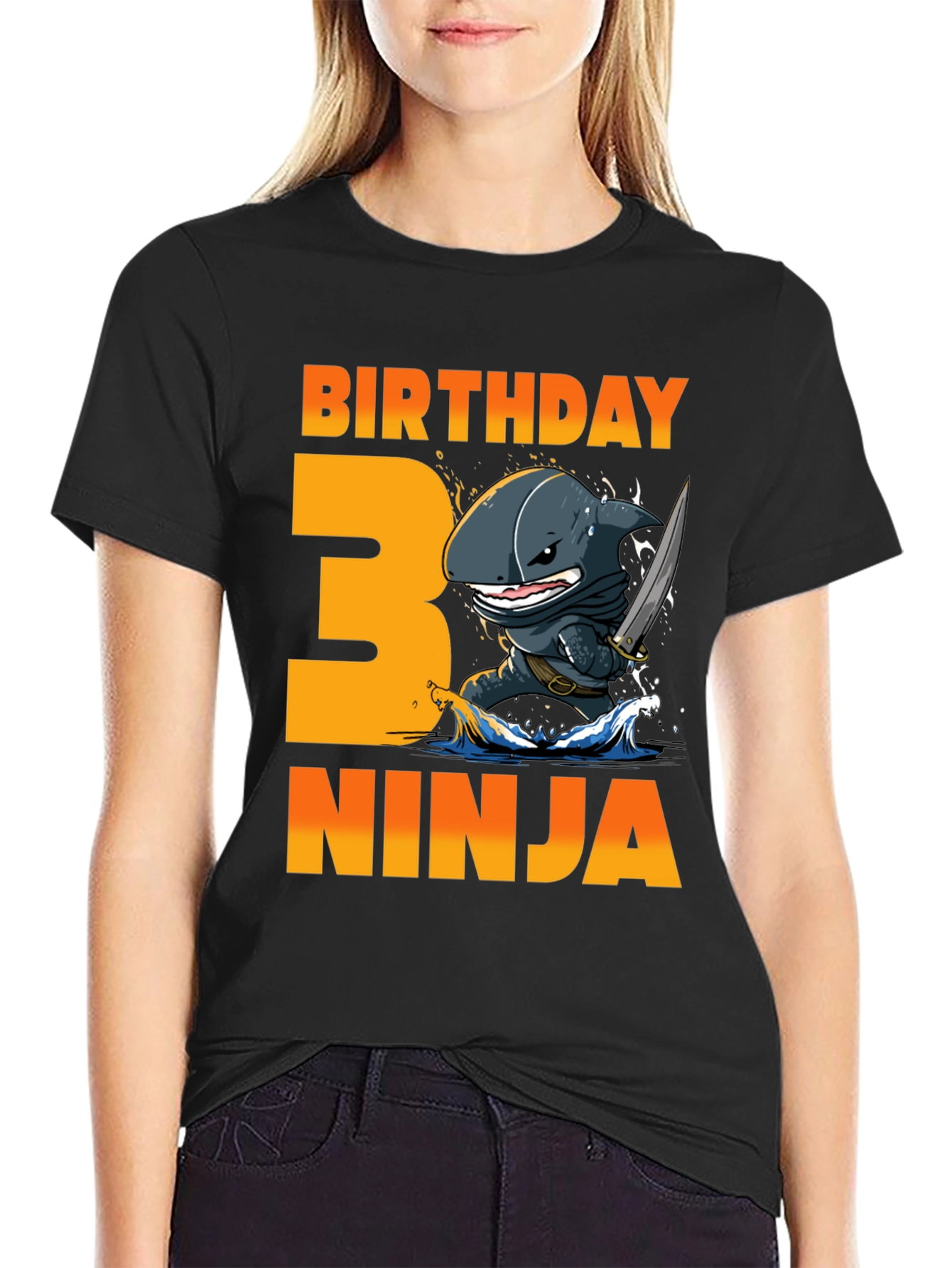 Black Birthday Ninja Shark 3rd Birthday T-Shirt view 2