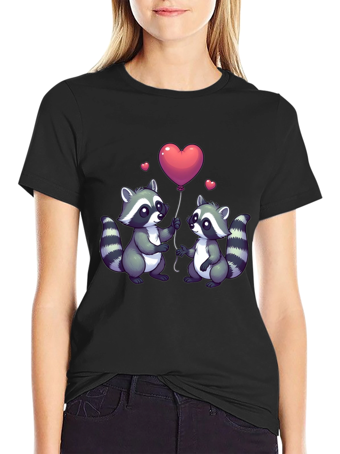 Black Cute Raccoon Love Balloon Graphic T-Shirt view 2