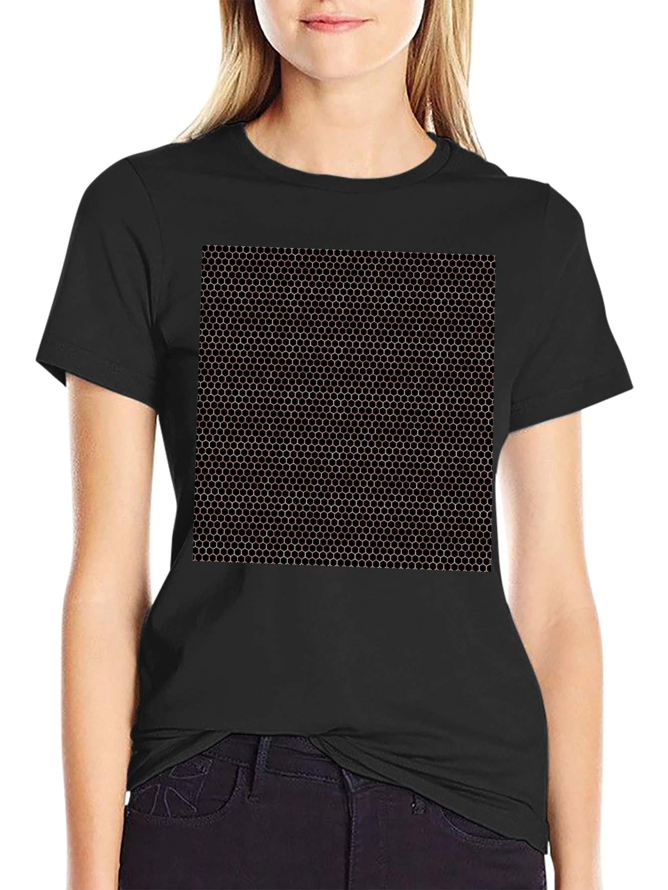 Black Honeycomb Pattern Black T-Shirt view 2