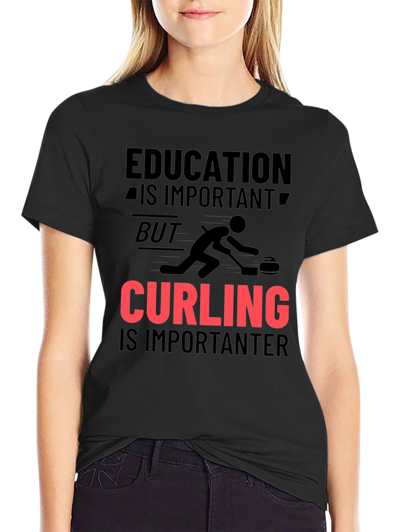 Black Funny Curling T-Shirt: Education vs Curling view 2