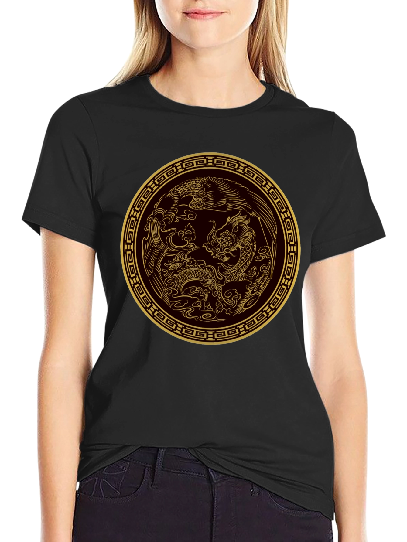 Black Dragon and Phoenix Gold Print Black T-Shirt view 2