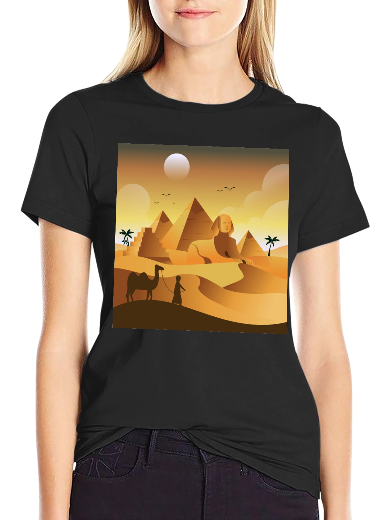 Black Egyptian Desert T-Shirt: Sphinx & Pyramids view 2